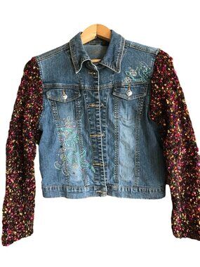Upcycled Denim Jacket, Embroidered Boho Cropped Jacket, Sweater Sleeves XS to S